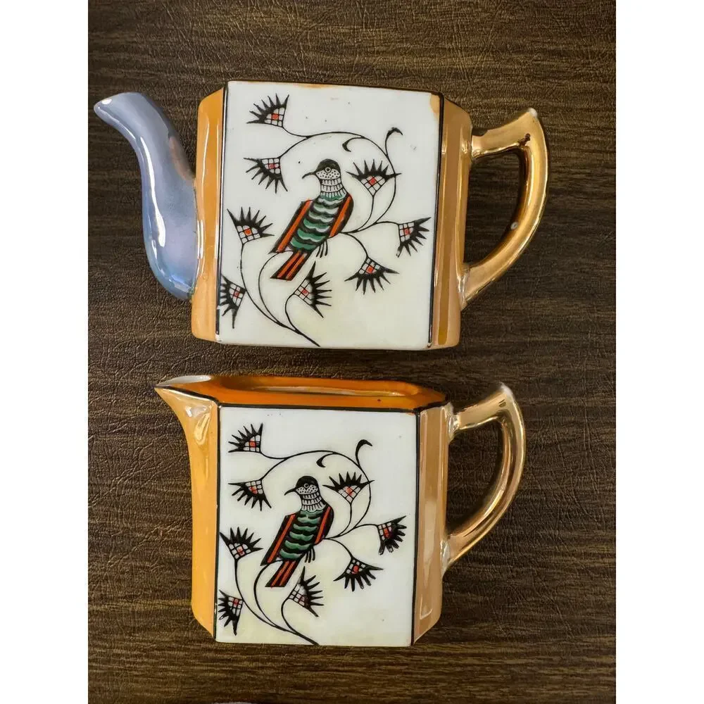 Vintage Japanese Handpainted Porcelain Bird Motif Mini Creamer Tea Pour Cups